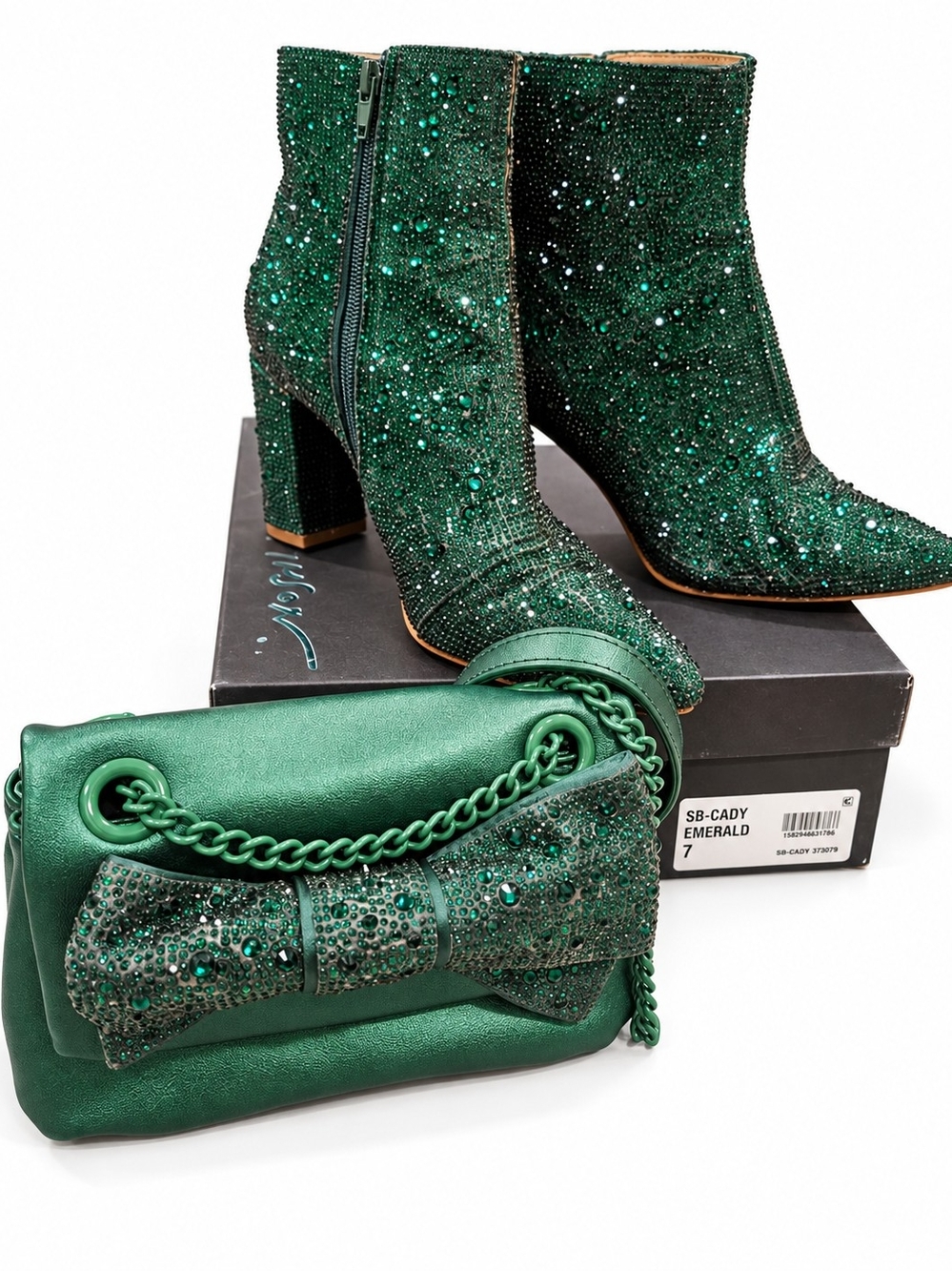 Betsey Johnson Cady Emerald Crystal Booties + Matching Purse | Size 7